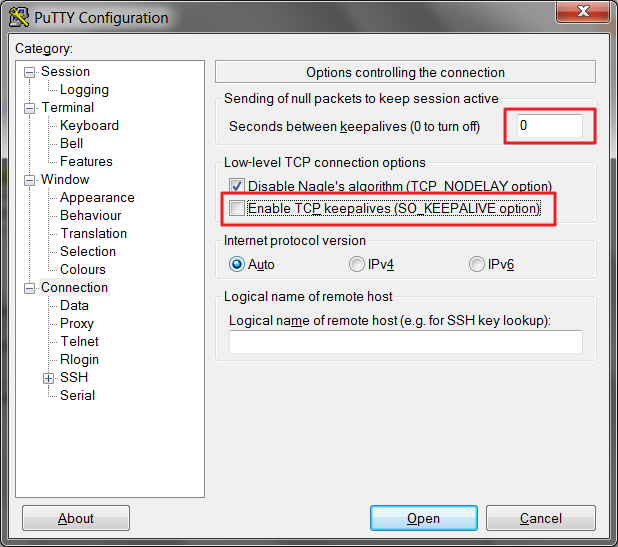 keep alive ssh session putty