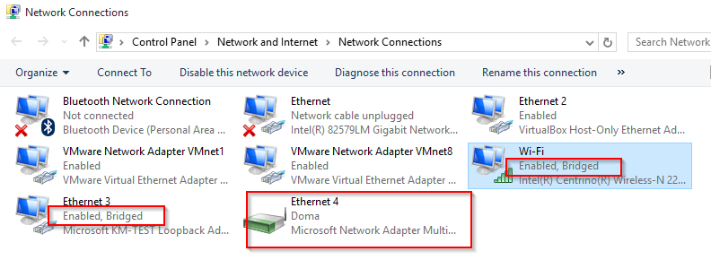 bridge network connections windows 10